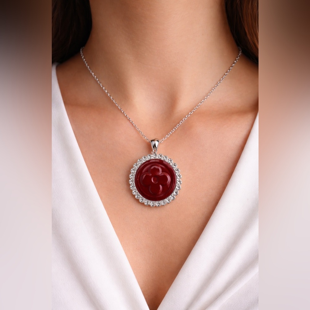 Upcycled Louis Vuitton Vernis Red Flower Pendant Necklace Rhinestone Halo
